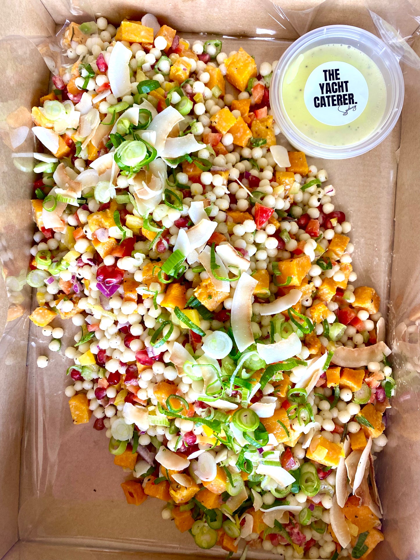 Pumpkin salad w quinoa, couscous pearls, capsicum & lemon myrtle dressing