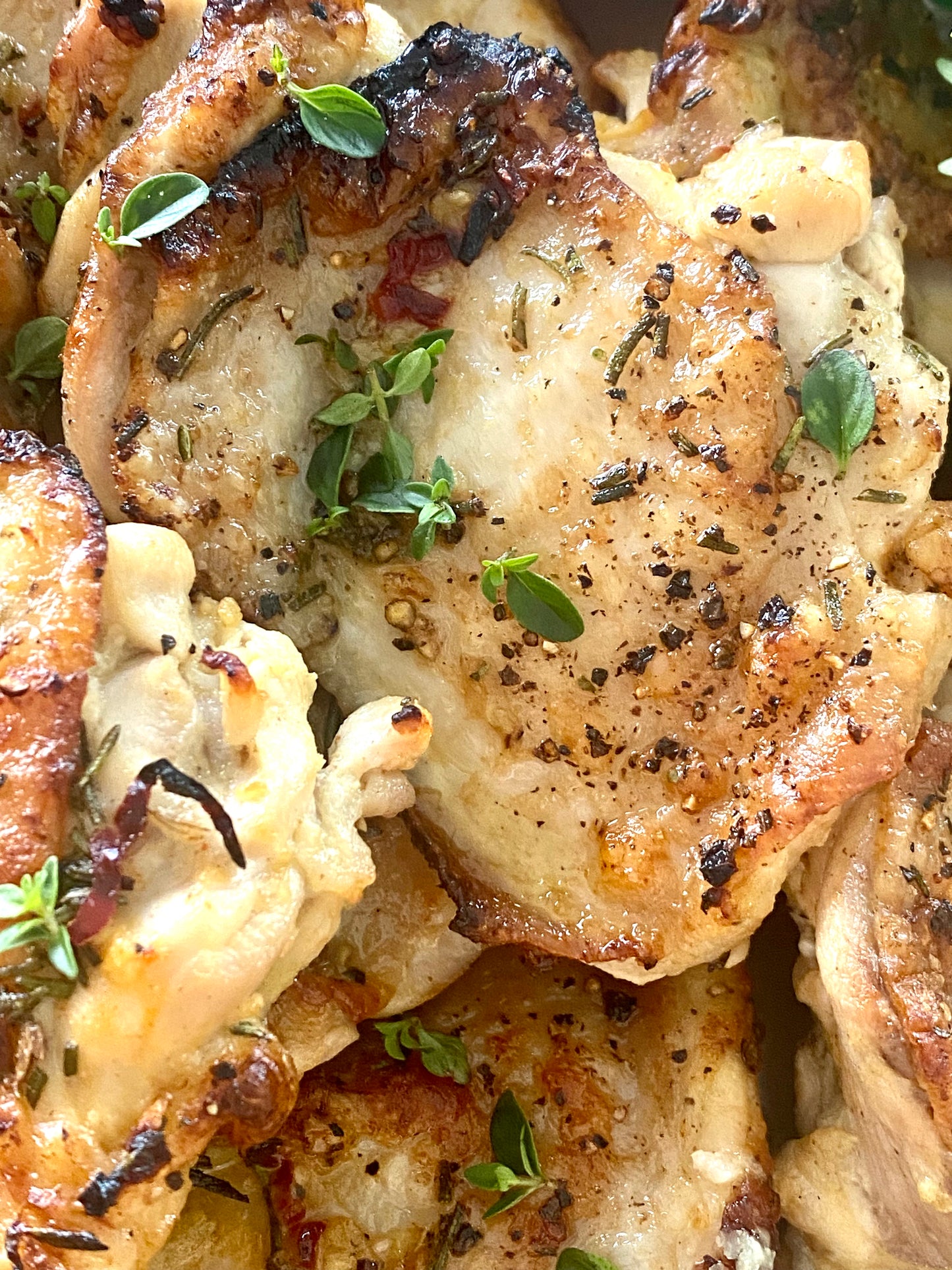 Spring Roast Crispy Chicken Thighs w Preserved Lemon, Thyme & Tangy Dip.
