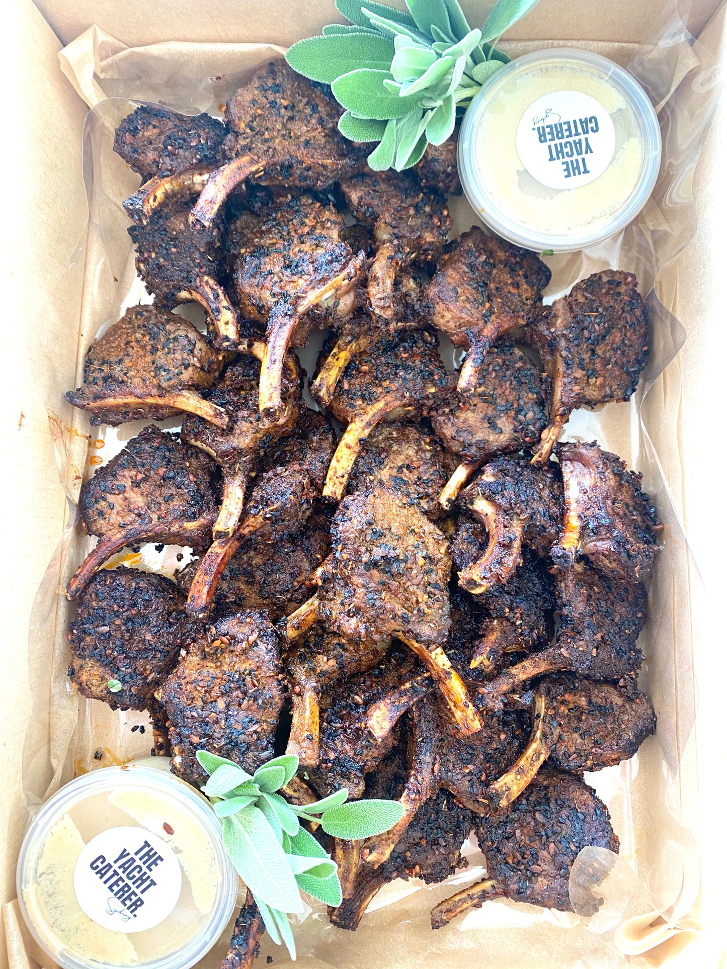 Lamb Cutlets marinated in Dukkah Paprika & Sage w Mint Yogurt Dipping Sauce.